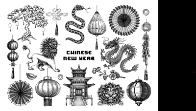 Chinese New Year decoration in sketch style. China sketches. Hand-drawn vector illustrations set. NOT AT generated